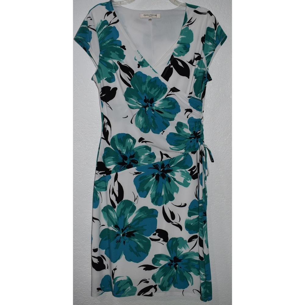 Evan-Picone Teal Floral Faux Wrap Ruched Sheath Dress Lined Stretch Comfy Sz 12